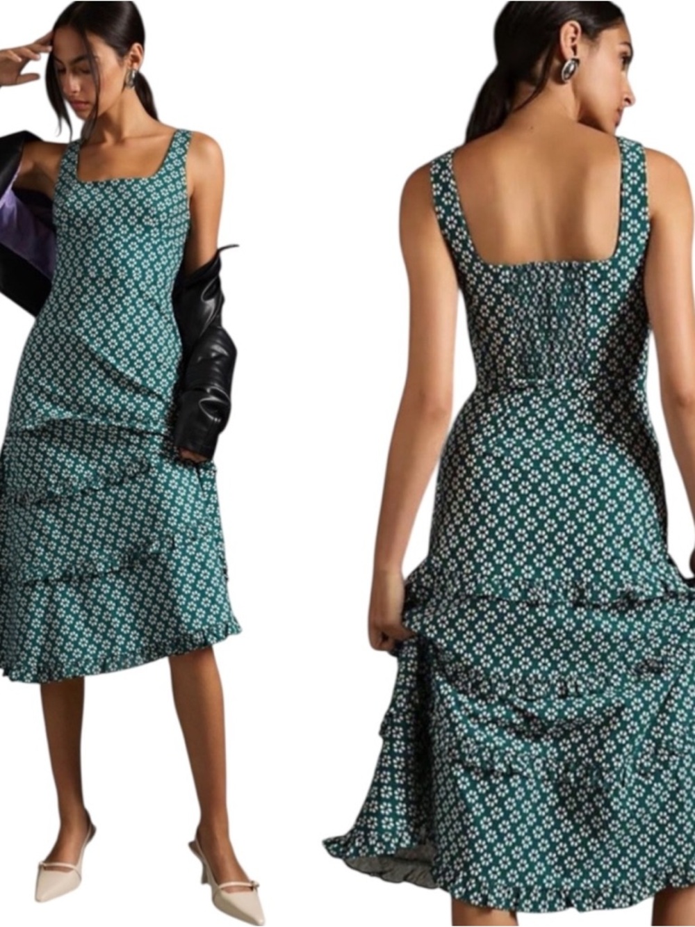 Anthropologie Blythe Square-Neck Tiered Dress, Green, Size XXS
